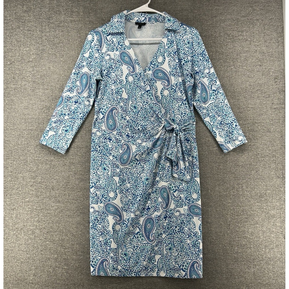 Talbots Dress Women Size Small Petite Blue Paisley Faux Wrap Casual